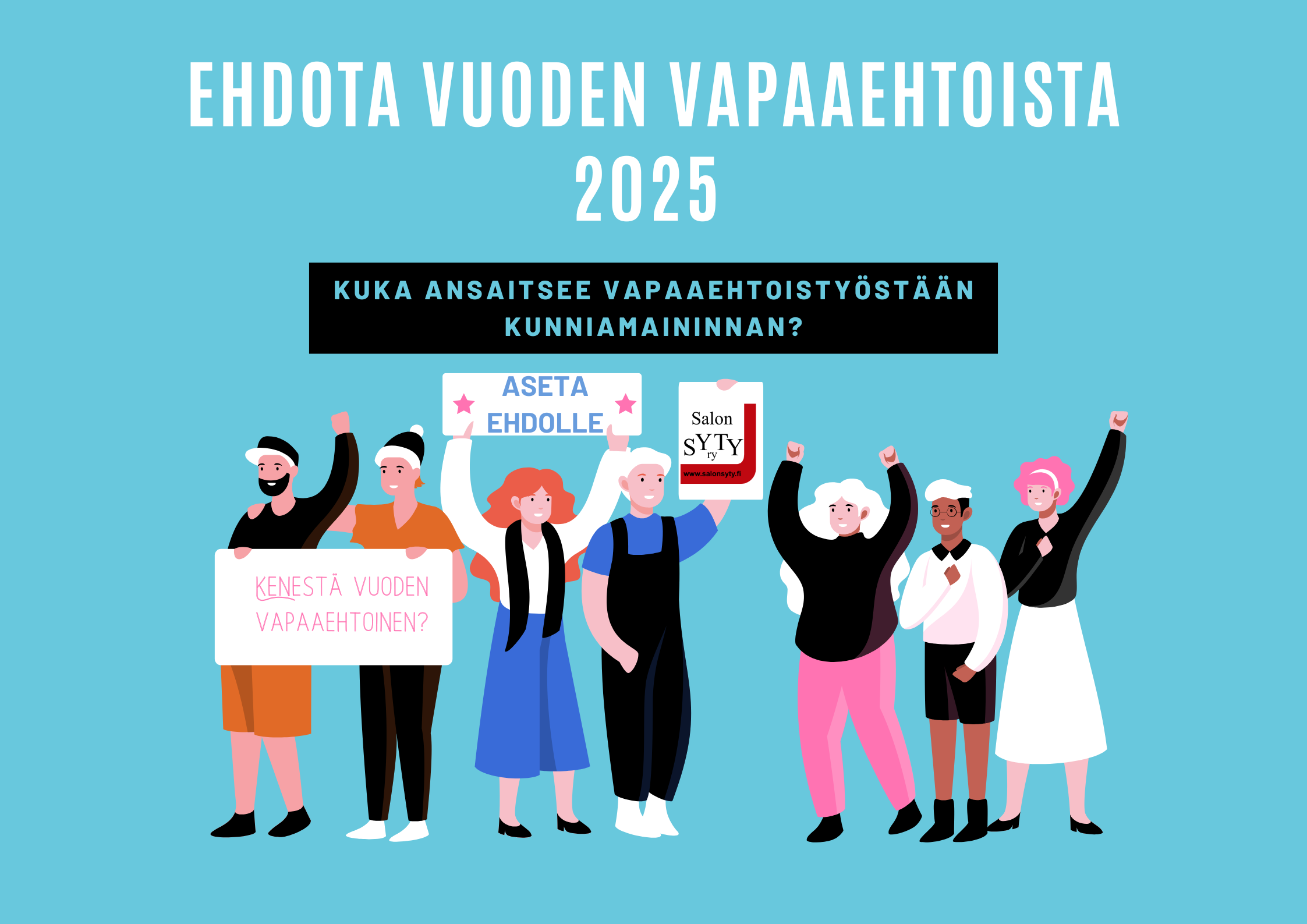 Sinisellä taustalla piirroshahmoja. 