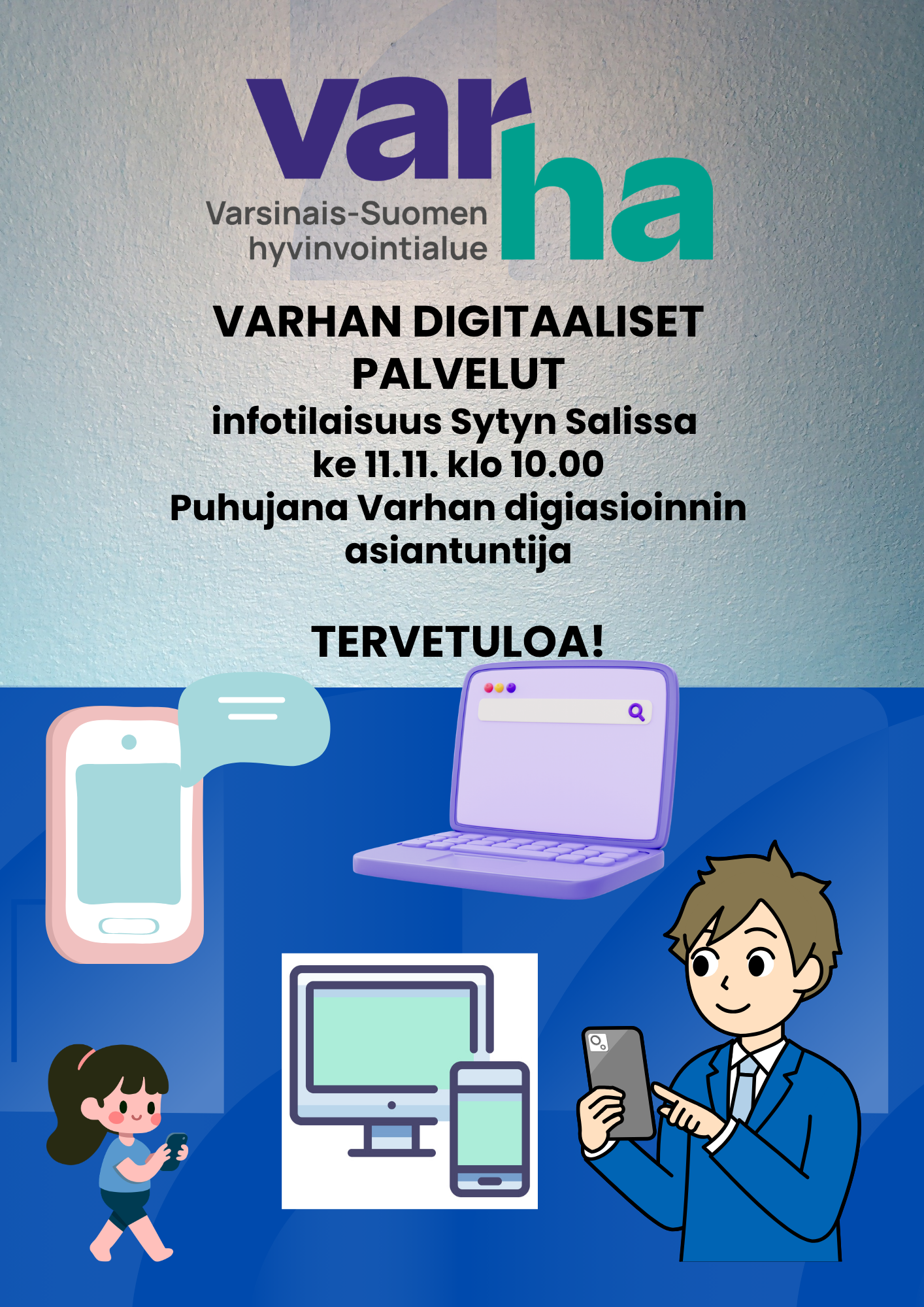 Sinertävällä pohjalla piirrettyjä läppärien, kännyköiden sekä  tytön ja pojan kuva.